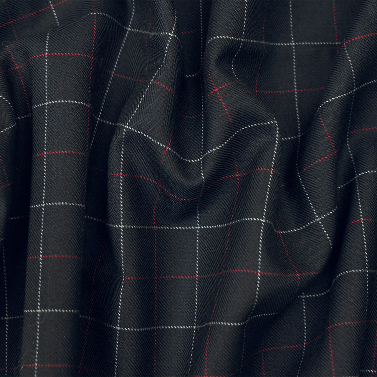 Black-Red-Gray Wool Polyester Check Twill Suiting Woven Fabric By the Yard